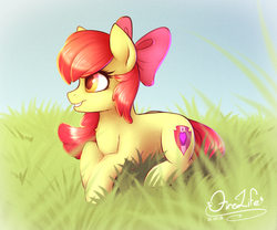 Size: 1200x1000 | Tagged: safe, artist:fenwaru, apple bloom, earth pony, pony, crusaders of the lost mark, g4, cutie mark, female, grass, prone, smiling, solo, the cmc's cutie marks