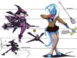 Size: 1280x959 | Tagged: safe, artist:ghstkatt, trixie, robot, anthro, unguligrade anthro, g4, clothes, female, medabots, school uniform, solo, traditional art, witch