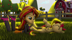 Size: 1147x641 | Tagged: safe, artist:turbovilka, sunset shimmer, human, pony, unicorn, equestria girls, g4, 3d, apple, apple tree, barn, bellyrubs, boots, clothes, cute, grass, high heel boots, human ponidox, jacket, leather jacket, self ponidox, shimmerbetes, smiling, source filmmaker, square crossover, tickling, tree