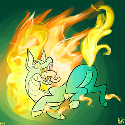 Size: 1000x1000 | Tagged: safe, artist:ogaraorcynder, tianhuo (tfh), dragon, horse, hybrid, longma, them's fightin' herds, butt, community related, female, green background, mane of fire, maw, open mouth, plot, simple background, solo, teeth, tianbutt, uvula