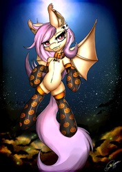Size: 1275x1800 | Tagged: safe, artist:gamermac, fluttershy, bat, bat pony, pony, g4, :3, belly button, clothes, collar, fangs, female, flutterbat, flying, looking at you, socks, solo