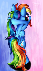 Size: 1800x3000 | Tagged: safe, artist:ferasor, rainbow dash, pegasus, pony, g4, abstract background, alternate hairstyle, backwards cutie mark, bipedal, cute, dashabetes, female, hnnng, human shoulders, looking at you, looking back, mare, mouth hold, ponytail, rear view, ribbon, solo, tying hair