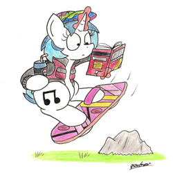 Size: 1583x1575 | Tagged: safe, artist:bobthedalek, dj pon-3, vinyl scratch, pony, unicorn, g4, back to the future, back to the future part 2, background pony, book, cap, clothes, female, glowing horn, hat, horn, hoverboard, jacket, levitation, magic, magic aura, mare, pepsi, soda, solo, song in the comments, sports almanac, telekinesis, traditional art