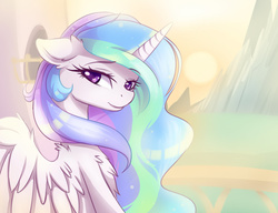 Size: 1024x785 | Tagged: dead source, safe, artist:magnaluna, princess celestia, alicorn, pony, beautiful, bedroom eyes, bust, chest fluff, colored pupils, cute, cutelestia, ear fluff, eyebrows, eyebrows visible through hair, female, looking at you, mare, shoulder fluff, smiling, smiling at you, solo, sun, wing fluff