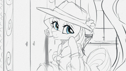 Size: 1280x720 | Tagged: dead source, safe, artist:hierozaki, rarity, g4, rarity investigates, detective, detective rarity, female, grayscale, monochrome, partial color, sketch, solo, wip