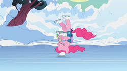 Size: 1280x720 | Tagged: safe, screencap, pinkie pie, spike, twilight sparkle, g4, winter wrap up, how, ice, ice skates, ice skating, pinkie being pinkie, snow, solo focus, tree, upside down