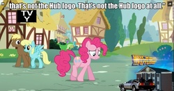 Size: 960x502 | Tagged: safe, edit, edited screencap, screencap, coco crusoe, pinkie pie, sassaflash, g4, the one where pinkie pie knows, back to the future, delorean, image macro, meme, text