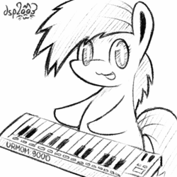 Size: 512x512 | Tagged: safe, artist:dsp2003, oc, oc only, oc:meadow stargazer, earth pony, pony, :3, bipedal, black and white, chibi, female, grayscale, keyboard, looking at you, musical instrument, open mouth, sketch, style emulation, synthesizer
