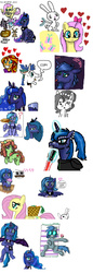 Size: 578x1683 | Tagged: safe, artist:another_woo, angel bunny, fluttershy, oleander (tfh), princess luna, shining armor, sunset shimmer, tree hugger, velvet (tfh), oc, oc:browny bun, unnamed oc, classical unicorn, deer, reindeer, them's fightin' herds, equestria girls, g4, blushing, carrot, community related, compilation, cutie mark, dark side, doodle, face paint, filly, flockmod, heart, horn, leonine tail, lightsaber, music notes, radio, seashell, sunglasses, woona