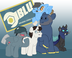 Size: 911x745 | Tagged: safe, artist:mediponee, changeling, blu, changelingified, crossover, heavy, heavy weapons guy, medic, ponified, scout, soldier, species swap, spy, team fortress 2
