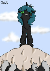 Size: 2480x3507 | Tagged: safe, artist:midnightmeowth, oc, changeling, changeling queen, changeling oc, changeling queen oc, cloud, front view, high res, mountain, sky, solo focus