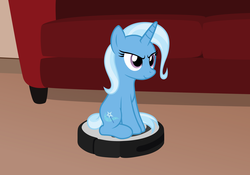 Size: 3212x2248 | Tagged: safe, artist:badumsquish, derpibooru exclusive, trixie, pony, unicorn, g4, behaving like a cat, couch, cute, female, glare, high res, mare, ponies riding roombas, riding, roomba, sitting, smiling, smirk, solo