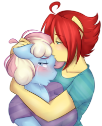 Size: 3000x3714 | Tagged: safe, artist:askbubblelee, oc, oc only, oc:crayola, oc:spellbind, anthro, anthro oc, comforting, couple, crying, female, high res, kissing, lesbian, simple background, transparent background