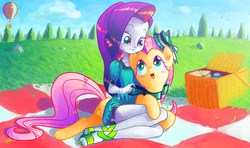 Size: 1920x1136 | Tagged: safe, artist:halem1991, fluttershy, rarity, pegasus, pony, equestria girls, g4, bow, bracelet, cuddling, cute, feet, grooming, hair bow, halem1991 is trying to murder us, hat, makeover, nail polish, open mouth, picnic, picnic basket, prone, raribetes, sandals, shyabetes, sitting, smiling, snuggling, toenail polish, toenails, toes