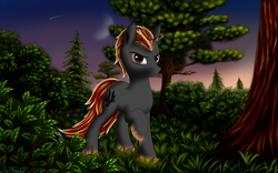 Size: 3200x2000 | Tagged: safe, artist:pony-stark, oc, oc only, oc:shadowed ember, pony, unicorn, evening, fire, grass, high res, looking at you, male, moon, outdoors, raised hoof, shooting star, sky, smirk, solo, stallion, stars, tree, twilight (astronomy)