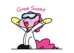 Size: 684x490 | Tagged: safe, artist:flutterluv, pinkie pie, twilight sparkle, g4, animated, back to the future, clothes, doc brown, female, great scott, hoverboard, lab coat, marty mcfly, open mouth, unamused