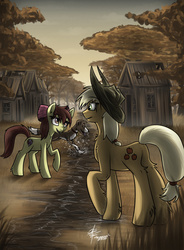 Size: 1024x1391 | Tagged: safe, artist:slawomiro, apple bloom, applejack, g4, river, water