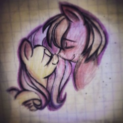 Size: 640x640 | Tagged: safe, artist:alicerosiej, big macintosh, fluttershy, earth pony, pony, g4, eyes closed, male, nuzzling, ship:fluttermac, shipping, stallion, straight, traditional art