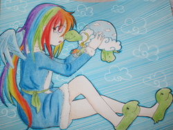 Size: 4608x3456 | Tagged: safe, artist:nozomifujimiya, rainbow dash, tank, human, g4, tanks for the memories, bathrobe, clothes, humanized, slippers, tank slippers, traditional art, winged humanization