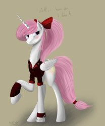 Size: 2500x3000 | Tagged: safe, artist:majormuffin, princess celestia, g4, alternate hairstyle, blushing, clothes, female, high res, looking at you, pink-mane celestia, ponytail, shirt, simple background, solo, younger