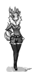 Size: 500x1087 | Tagged: safe, artist:lumineko, velvet (tfh), deer, reindeer, anthro, them's fightin' herds, cleavage, clothes, community related, female, fishnet stockings, looking at you, monochrome, sketch, smiling, socks, solo, thigh highs