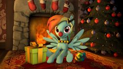 Size: 2560x1440 | Tagged: safe, artist:zigidi94, rainbow dash, pony, g4, 3d, antlers, christmas, christmas lights, christmas ornament, christmas stocking, christmas tree, female, fire, fireplace, necklace, present, red nose, reindeer dash, rudolph, rudolph dash, rudolph the red nosed reindeer, rug, sitting, solo, source filmmaker, tree