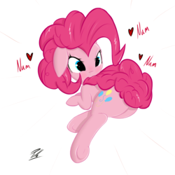 Size: 1000x1000 | Tagged: safe, artist:pilla, pinkie pie, earth pony, pony, g4, chasing own tail, chewing, cute, diapinkes, female, floppy ears, heart, mare, nom, simple background, solo, tail bite, underhoof