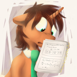 Size: 1272x1272 | Tagged: dead source, safe, artist:blackligerth, oc, oc only, oc:tea timer, pony, unicorn, book, collar, confused, equation, floppy ears, math, necktie, reading, solo, textbook, thermodynamics, wide eyes