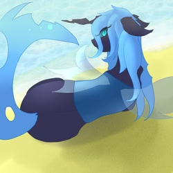 Size: 1280x1280 | Tagged: safe, artist:featherystorm, oc, oc only, oc:princess cordelia, changeling, beach, blue changeling, female, looking back, on side, solo