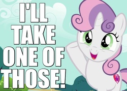 Size: 700x500 | Tagged: safe, screencap, sweetie belle, g4, the one where pinkie pie knows, caption, female, happy, image macro, open mouth, raised hoof, reaction image, solo