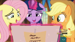 Size: 718x404 | Tagged: safe, artist:aleximusprime, edit, screencap, applejack, fluttershy, twilight sparkle, alicorn, earth pony, pegasus, pony, g4, season 5, the one where pinkie pie knows, animated, birth certificate, blushing, butt, embarrassed, female, floppy ears, laughing, plot, sweat, sweating profusely, twilight sparkle (alicorn)