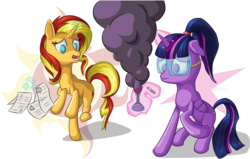 Size: 3661x2334 | Tagged: safe, artist:itresad, sunset shimmer, twilight sparkle, alicorn, pony, unicorn, g4, cutie mark, duo, erlenmeyer flask, flask, goggles, high res, horn, levitation, magic, open mouth, paper, raised hoof, research, science, simple background, smoke, test tube, transparent background, twilight sparkle (alicorn)