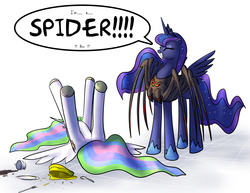 Size: 1600x1235 | Tagged: safe, artist:foxi-5, princess celestia, princess luna, alicorn, pony, spider, g4, 2spooky, arachnophobia, boo, cake, cakelestia, clothes, costume, cute, dialogue, duo, eyes closed, faint, fainting goat, featureless crotch, female, grin, legs in air, lunabetes, mare, on back, smiling, spoon, spread wings, squee, tea, teacup, this will end in tears and/or a journey to the moon