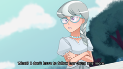 Size: 1280x720 | Tagged: safe, artist:jonfawkes, silver spoon, human, crusaders of the lost mark, g4, braid, clothes, crossed arms, female, glasses, humanized, implied diamond tiara, necklace, offscreen character, open mouth, scene interpretation, solo, talking