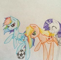 Size: 640x632 | Tagged: safe, artist:rainbowrules, applejack, rainbow dash, rarity, g4, blowing, blowing whistle, football, puffy cheeks, rarity's whistle, referee, referee rarity, sports, traditional art, whistle, whistle necklace