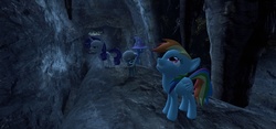 Size: 1280x600 | Tagged: safe, artist:wiimeiser, rainbow dash, rarity, silver spoon, trixie, pony, unicorn, g4, 3d, cave, female, floppy ears, gmod, grin, looking up, mare, open mouth, scared, squee, tongue out, unamused