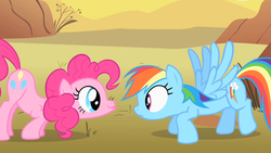 Size: 1280x720 | Tagged: safe, screencap, pinkie pie, rainbow dash, earth pony, pegasus, pony, g4, over a barrel, desert, female, mare, spread wings, stare, wide eyes, wings