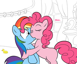 Size: 1387x1157 | Tagged: safe, artist:kloudmutt, pinkie pie, rainbow dash, earth pony, pegasus, pony, g4, bipedal, duo, female, kiss on the lips, kissing, lesbian, mare, ship:pinkiedash, shipping, surprise kiss, surprised