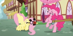 Size: 1917x951 | Tagged: safe, screencap, fluttershy, pinkie pie, g4, the one where pinkie pie knows, groucho mask, out of context