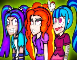 Size: 3120x2428 | Tagged: safe, artist:insomniaqueen, adagio dazzle, aria blaze, sonata dusk, chicken, equestria girls, g4, :d, angry, clothes, female, high res, open mouth, smiling, the dazzlings, traditional art, trio