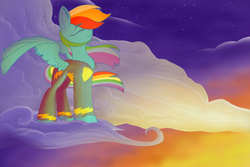 Size: 900x600 | Tagged: dead source, safe, artist:banoodle, rainbow dash, pegasus, pony, g4, chest fluff, cloud, cloudy, eyes closed, female, mare, night, on a cloud, proud, smiling, solo, stars, twilight (astronomy), wonderbolts uniform