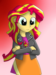 Size: 1944x2592 | Tagged: safe, artist:sketchzi, sunset shimmer, equestria girls, g4, clothes, crossed arms, cute, female, leather jacket, paint tool sai, shimmerbetes, skirt, smiling, solo, when she smiles