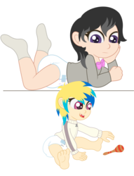 Size: 782x1021 | Tagged: safe, artist:the-crusader-network, dj pon-3, octavia melody, vinyl scratch, human, g4, age regression, cute, diaper, humanized, poofy diaper