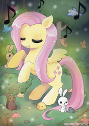 Size: 444x628 | Tagged: safe, artist:piripaints, angel bunny, fluttershy, g4, animal, duo, eyes closed, forest, music notes, open mouth, signature, singing