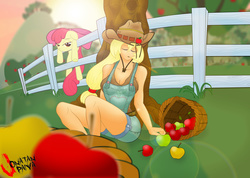 Size: 3306x2358 | Tagged: safe, artist:mr-jonatan, apple bloom, applejack, human, g4, apple, apple bloom's bow, basket, bow, clothes, cowboy hat, duo, eyes closed, fence, hair bow, hat, haystick, high res, humanized, overalls, sitting, sleeping, sunrise, sweet apple acres