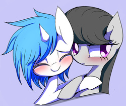 Size: 1780x1486 | Tagged: safe, artist:skippy_the_moon, dj pon-3, octavia melody, vinyl scratch, g4, best friends, blushing, eyes closed, female, hug, lesbian, pixiv, ship:scratchtavia, shipping