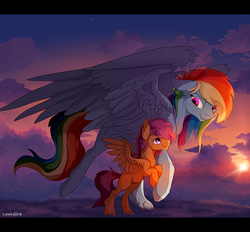 Size: 2067x1919 | Tagged: safe, artist:loukaina, rainbow dash, scootaloo, g4, cloud, cloudy, crepuscular rays, rearing, scootalove, smiling, spread wings, sunset, twilight (astronomy)