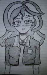 Size: 2718x4330 | Tagged: safe, artist:missmayaleanne, sunset shimmer, equestria girls, g4, blushing, cute, female, grayscale, lined paper, monochrome, shimmerbetes, smiling, solo, traditional art, when she smiles