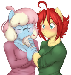 Size: 3599x3784 | Tagged: safe, artist:askbubblelee, oc, oc only, oc:crayola, oc:spellbind, anthro, anthro oc, bandage, blushing, cute, eyes closed, female, glasses, heart, high res, kissing, lesbian, simple background, thank you, transparent background