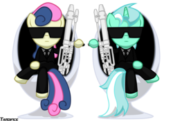 Size: 10000x7000 | Tagged: safe, artist:tardifice, artist:template93, bon bon, lyra heartstrings, sweetie drops, pony, g4, absurd resolution, bipedal, chair, clothes, crossed hooves, crossover, duo, gun, mares in black, men in black, necktie, simple background, sunglasses, transparent background, vector, weapon